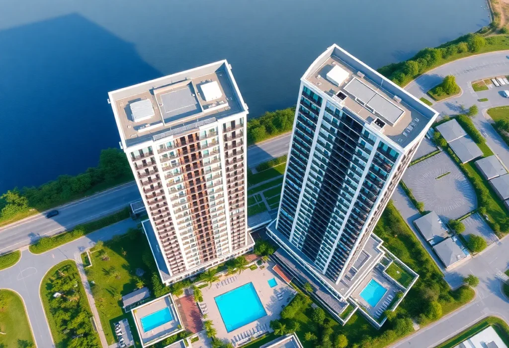 Aerial view of the Skyline OC luxury apartment complex featuring two tall towers and landscaped areas.