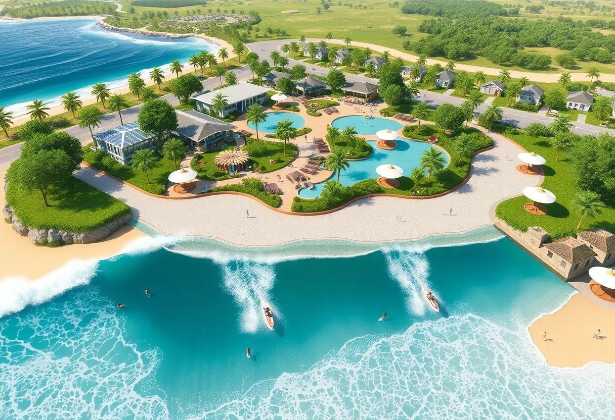 Conceptual design of Snug Harbor Surf Park with surfers and greenery