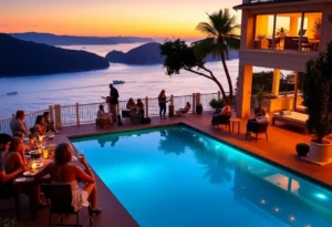 Guests enjoying the Soiree on the Bay fundraiser near an infinity pool with views of the sunset.