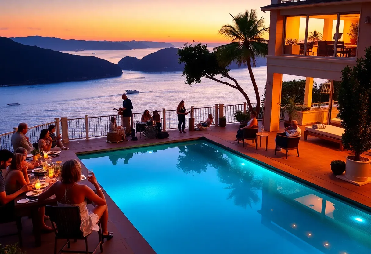 Guests enjoying the Soiree on the Bay fundraiser near an infinity pool with views of the sunset.