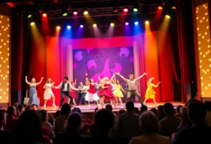 A stage performance from Some Like It Hot with colorful choreography