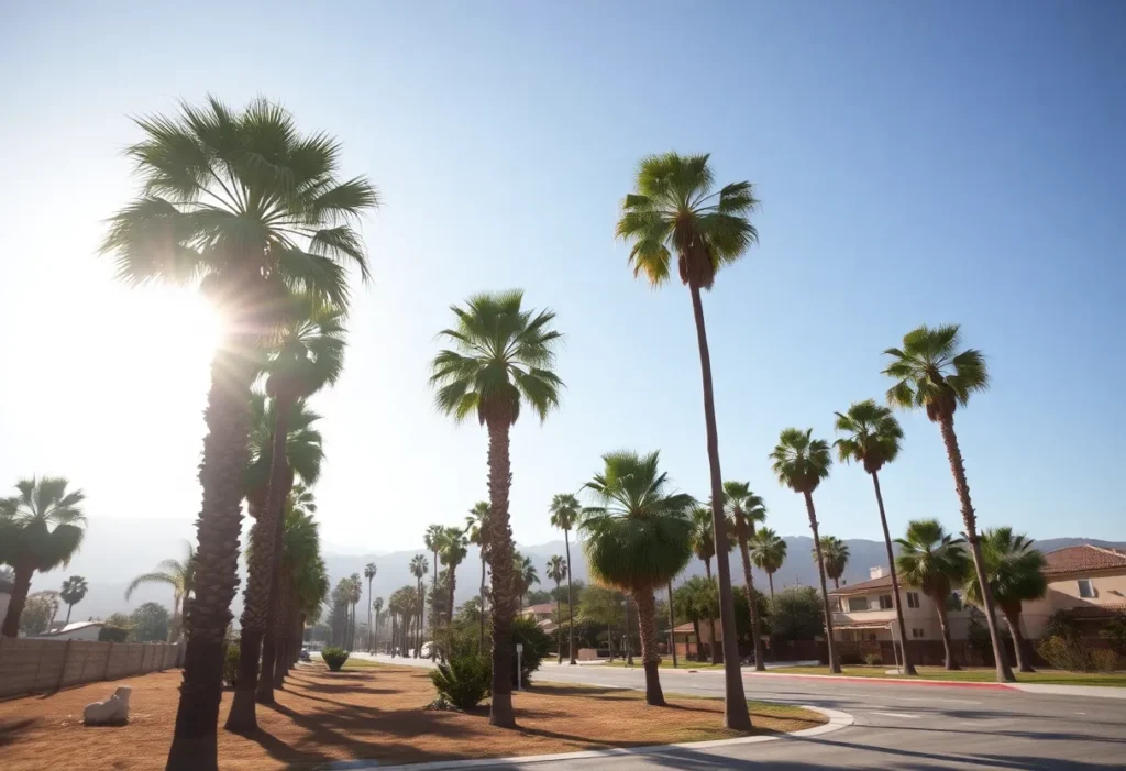 Heat wave in Southern California with palm trees and clear skies