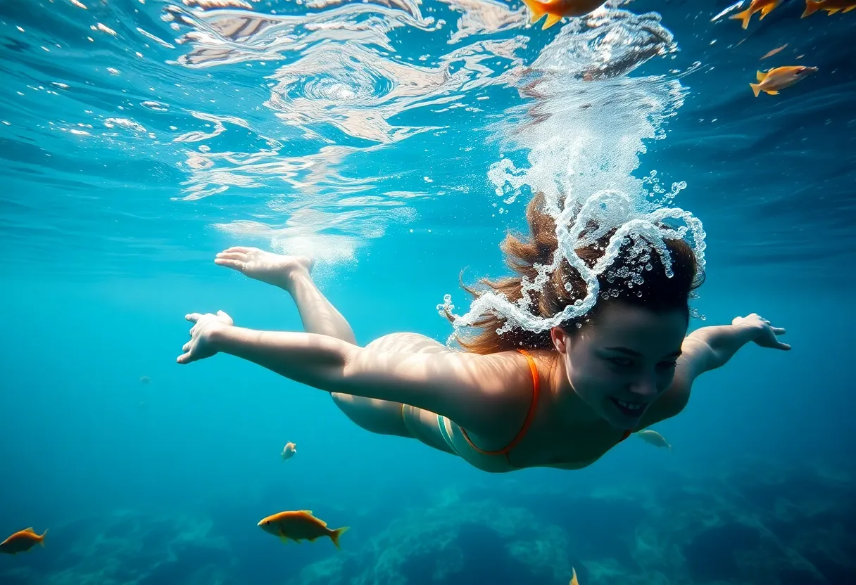 An underwater scene depicting a swimmer amidst colorful marine life, symbolizing resilience.