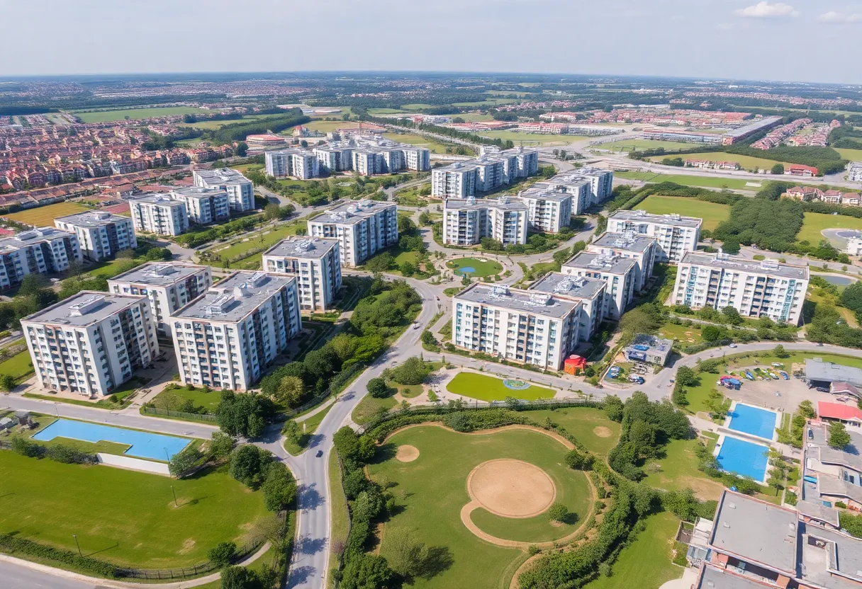 Aerial view of The Village Santa Ana development project site