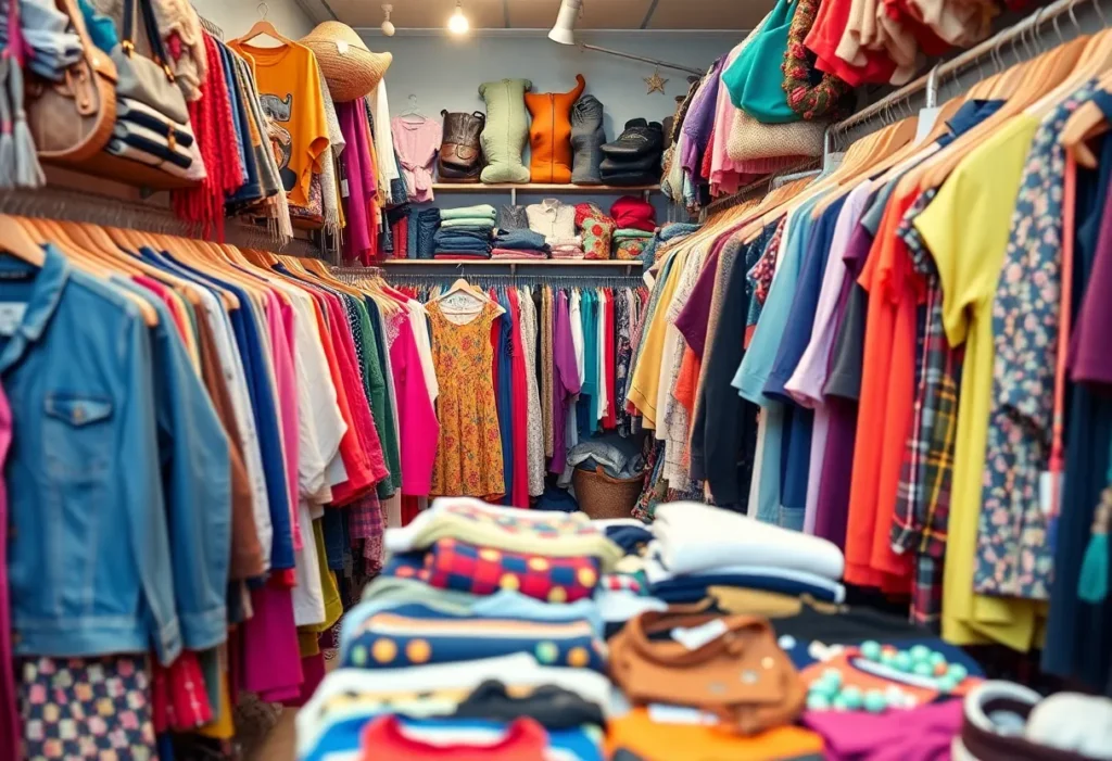 Students shopping at a thrift store filled with secondhand items.