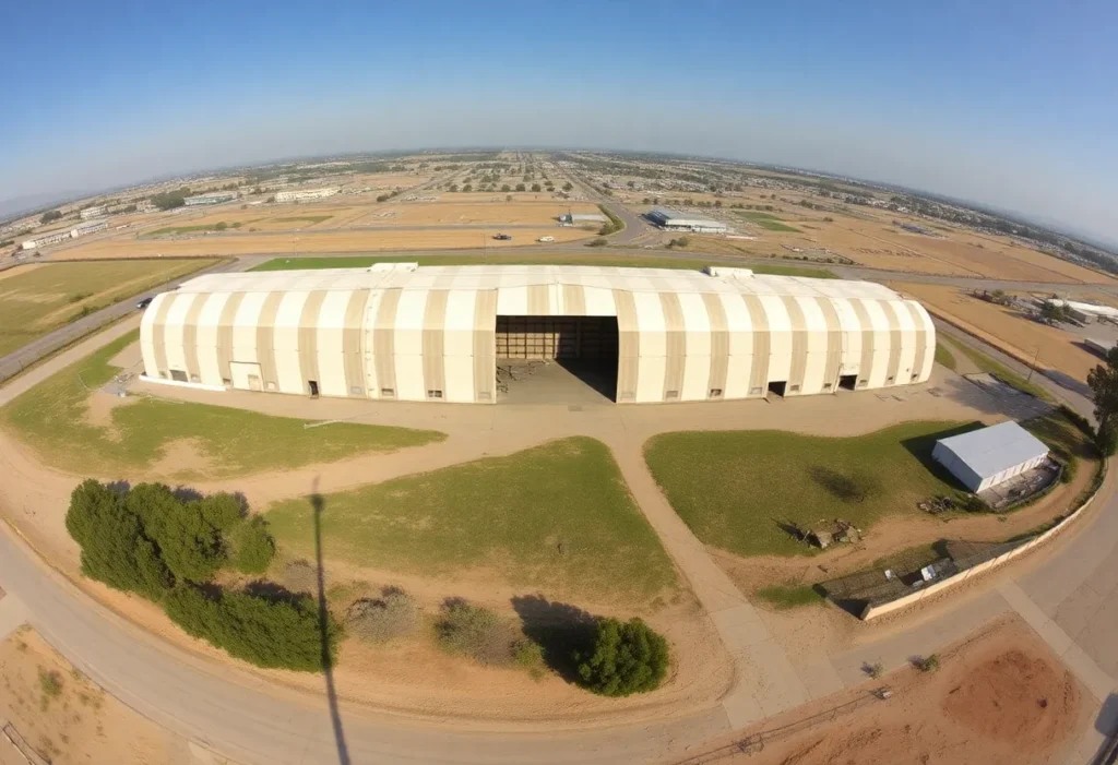 Cleaned site of the Tustin blimp hangar fire with visible remnants.