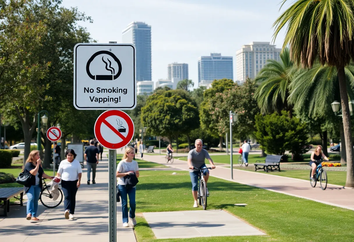 Families enjoying a park with no smoking signage in California