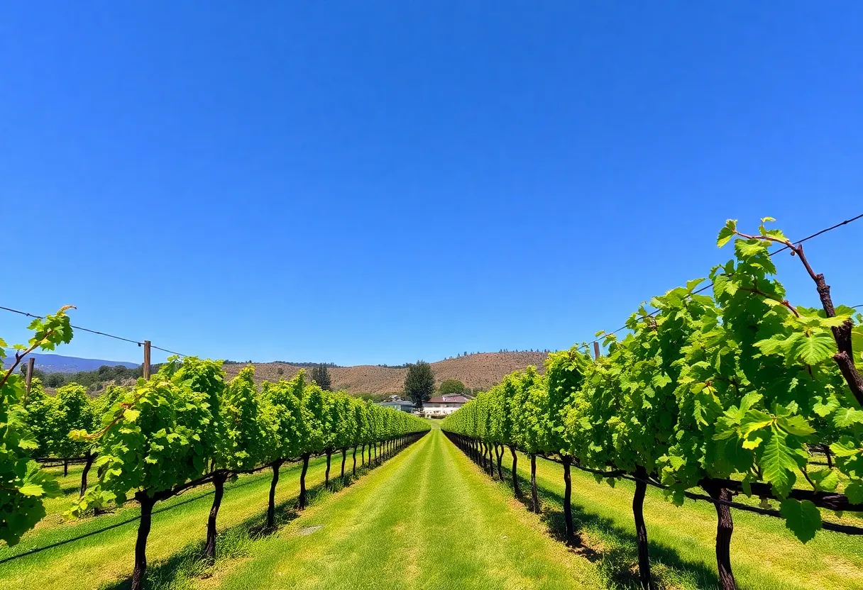 A beautiful vineyard landscape in Napa Valley with grapevines and a winery
