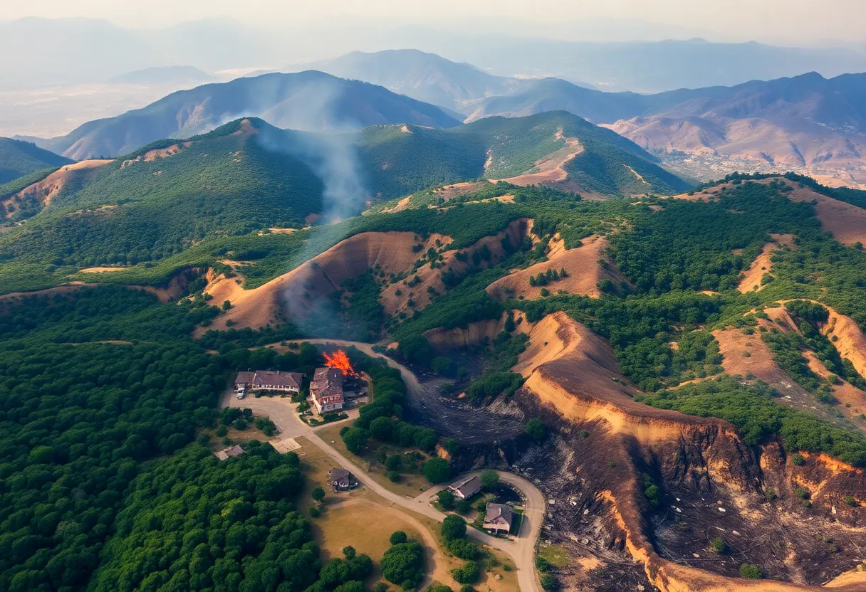 Aerial view of California showing wildfire damage and homes in a forested area.